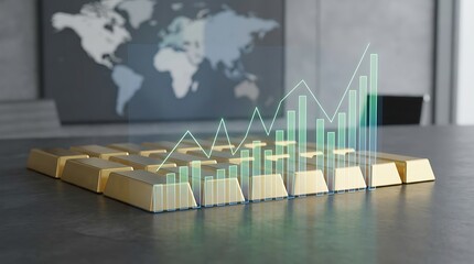 3D graph of financial growth rising above gold bars on a sleek office desk with a blurred world map on the wall in the background, viewed from the side.