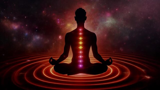Seated Human Silhouette in Yogic Posture: Deep Radiant Red Root Chakra Awakening