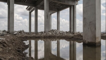Concrete pillars support a highway bridge under construction, reflecting clouds in a puddle of water on a muddy site