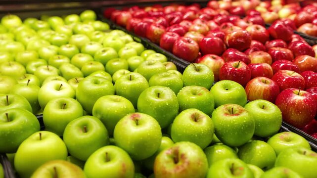 Fresh apples displayed in a grocery store with green and red varieties arranged in neat rows during daytime hours