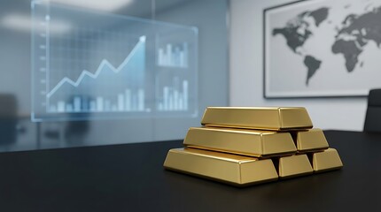 A stack of gold bars on a black table in a modern office with a graph and world map on the wall, viewed from the side.