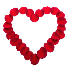 Obraz premium Rose petals forming heart isolated on white background.