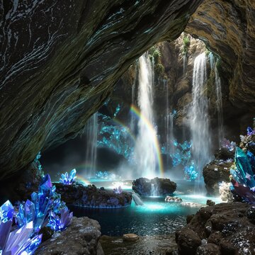 Along a steep cliff face open air crystal caverns glisten in the