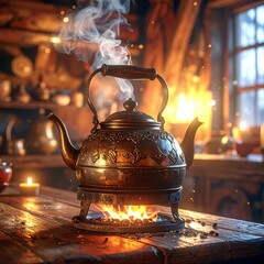 Antique copper kettle boils on a wood table with a flame, steam rising. A warm, rustic, and inviting interior scene