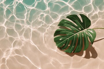 Monstera Leaf Floating on Light Sandy Beach Shoreline with Turquoise Water Surface with Ripple and Sun Reflection in Summer