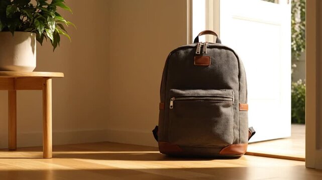 A gray backpack stands in a sunlit room near an open door and a potted plant on a wooden table.