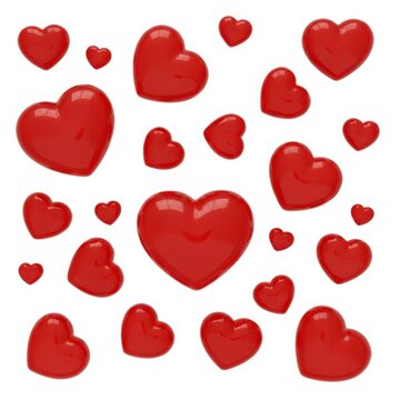 A collection of glossy red hearts floating in space
