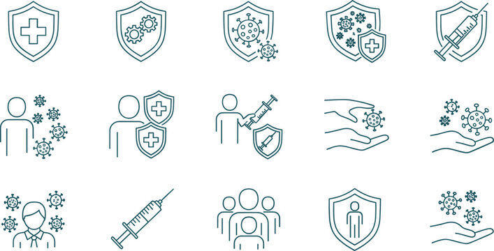 Health protection and immunity line icon set virus shield vaccine prevention medical flat vector illustration isolated