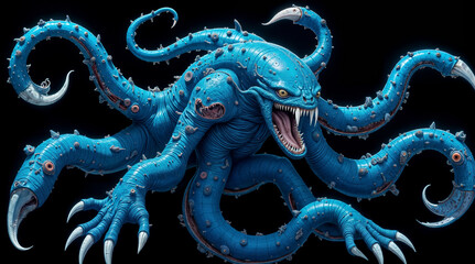 a menacing, blue, tentacled creature with sharp claws and a fierce expression, set against a black background. The creature's body is covered in small, bulbous protrusions, and it ha