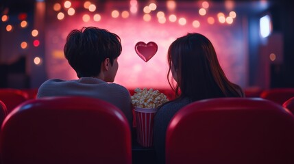 Young romantic loving couple with popcorn watching movie in cinema, relationships and lifestyle concept,bokeh pink heart in cinema,romantic spending time together,valentine day concept.