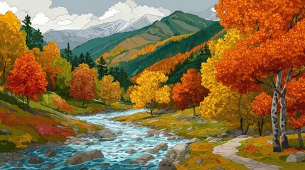 Pixelated Autumn Landscape with Vibrant Trees and Flowing Stream Under Cloudy Sky Pixel Art Style