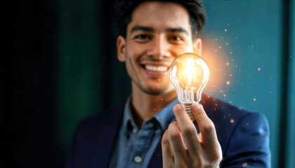 Smiling man holding glowing light bulb with creative idea.