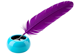 Purple quill pen in inkwell isolated on transparent background