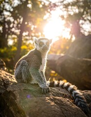 Obraz premium A ring-tailed primate sits on a rock, with a forest backdrop and the sun shining brightly behind it