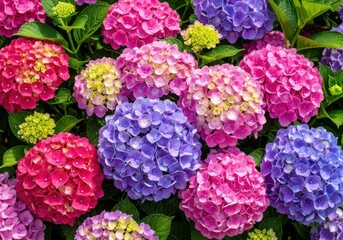 Vibrant pink and purple hydrangeas in full bloom, showcasing their lush petals and green leaves in a closeup garden view