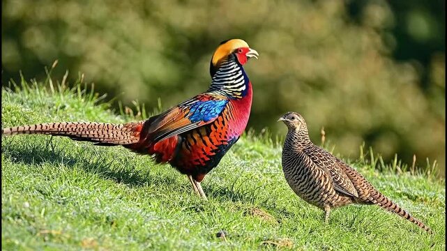 Vibrant pheasants in a lush meadow