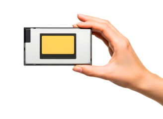 Hand holding a battery isolated on transparent background