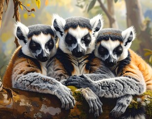 Obraz premium Three lemurs sitting on a tree branch