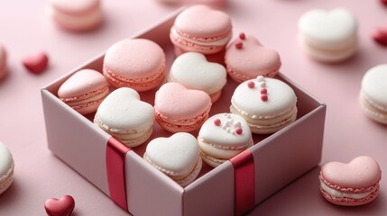 Fototapeta premium Macarons in heart shape in gift box isolated on pink background,events,aniversary festival gift set,french macaron cookies,trendy 2026,couple valentine Romantic love or pastry shop.