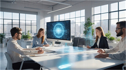 Professional team collaborating in futuristic office with digital brain network visualization