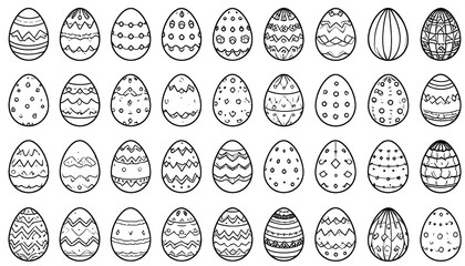 Black and white illustration of decorated eggs, showcasing varying patterns