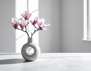 Minimalist white vase with pink magnolia branch © wirbron