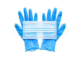 Gloves holding medical face mask isolated on transparent background