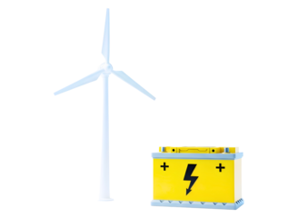 Wind turbine and battery isolated on transparent background