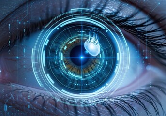 Futuristic digital eye scan with glowing blue hud overlay, representing advanced technology and cybersecurity