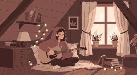 Relaxed young woman playing guitar on cozy attic rug © siti