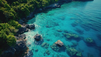 Fototapeta premium Aerial View of Clear Blue Ocean Water and Rocks Surrounded by Lush Green Vegetation on a Sunny Day at Tropical Coastal Area