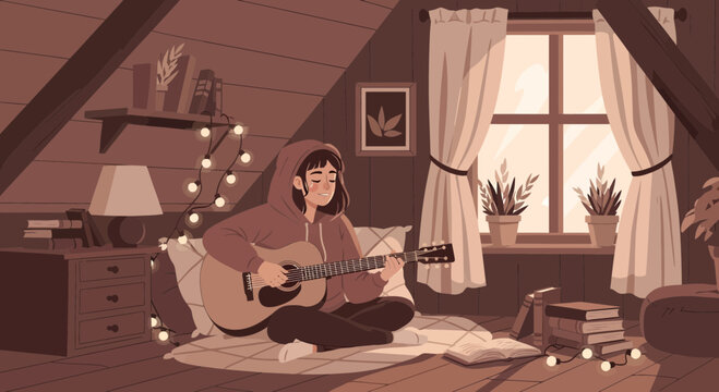 Relaxed young woman playing guitar on cozy attic rug