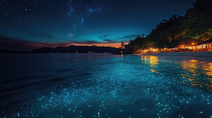 Serene Tropical Night with Bioluminescent Water Glowing Under Starry Sky at Seaside Resort