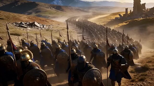 Ancient Warriors Marching Through Arid Landscape Towards Distant Fortress.
