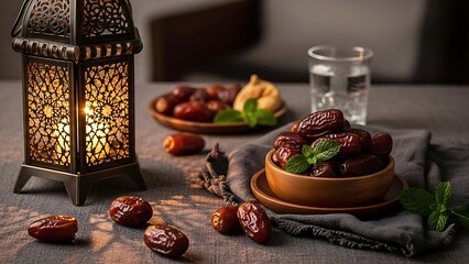 Eid mubarak ramadan celebration with traditional dates and lantern