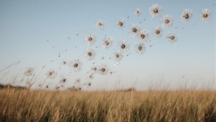 Dandelion seeds, light, airy, scattered across a golden field against a pale blue sky