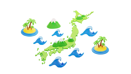 3D Illustration of Japan Map with Islands, Mountains, and Waves