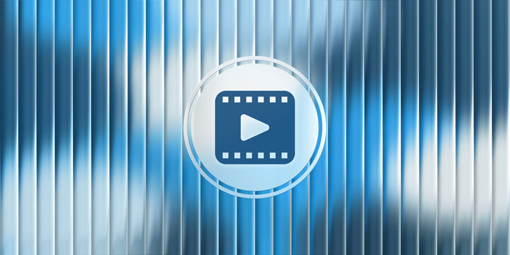Glass Video Play Button Icon for Multimedia Streaming and Digital Media Content Rights on Modern Blue Frosted Background - Powered by Adobe