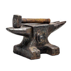 Heavy Duty Antique Iron Anvil and Blacksmith Hammer Isolated on Transparent Background