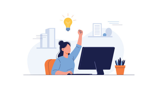 A businesswoman at her computer raises her fist in triumph as a lightbulb appears, symbolizing a great idea and success.