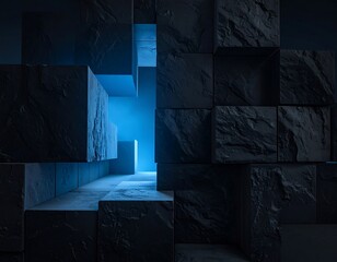 Architectural composition of dark, textured, block-like forms creating an abstract, mysterious space with blue light