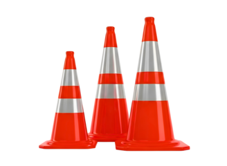 Three traffic cones isolated isolated on transparent background