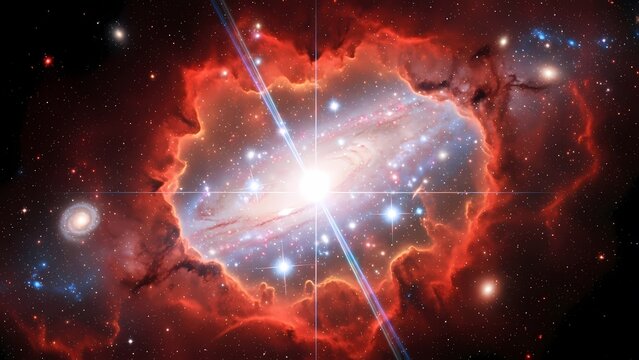 Intense Cosmic Burst: Bright Quasar/AGN Surrounded by Fiery Red Nebula and Energetic Light Jet in Deep Space Galaxy Field