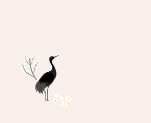 Obraz premium Minimal Crane Illustration with Soft Spring Flowers and Branches in Gentle Pastel Mood