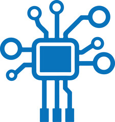 Obraz premium Blue icon representing a central processing unit or microchip with radiating circuit lines and connection points for digital technology concept