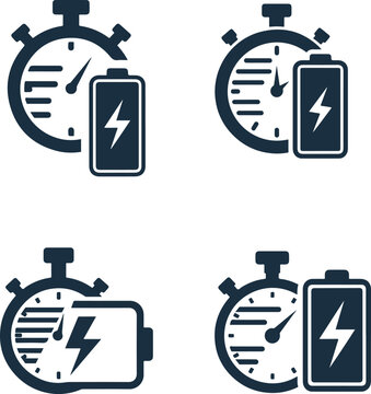 Battery charge and stopwatch icon concept representing charging time, power duration, energy saving, or fast charging technology