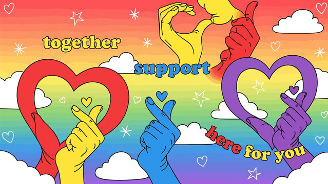 Diverse hands in vibrant rainbow colors forming heart shapes and korean finger hearts symbolizing love support and unity set against a dreamy cloud filled sky with sparkling stars and uplifting words