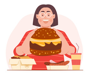 Happy Chubby Woman Enjoy Eating a Big Burger and Fast Food Meal for Unhealthy Calorie Food Eating Lifestyle Concept Illustration