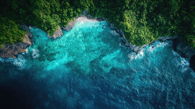 Aerial View of Crystal Clear Ocean with Vibrant Green Forest and Rocky Shoreline Peacefully Borders the Serine Tropical Beach Paradise