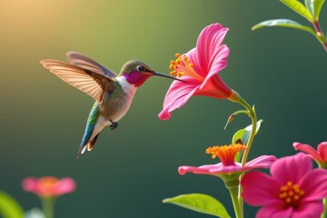 Obraz premium A vibrant hummingbird hovers near a pink flower, showcasing its iridescent feathers and delicate wings in a lush, colorful setting.